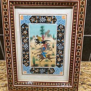 Vintage Khatam Framed Persian Hunting Scene